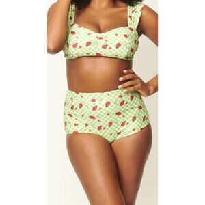 Unique Vintage Green Gingham Ladybug High-Waist Bikini